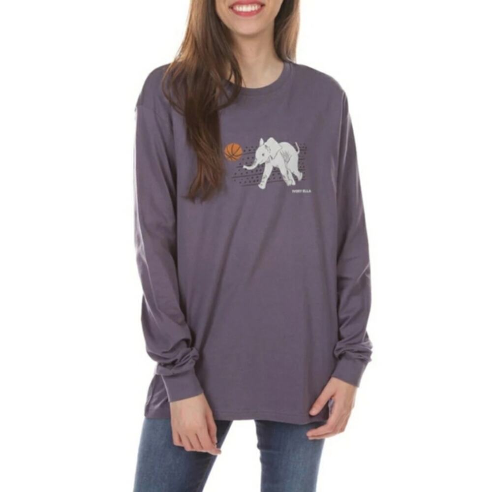Ivory Ella Basketball Elephant Calf Long Sleeve T-shirt in Dusty Blue Size M